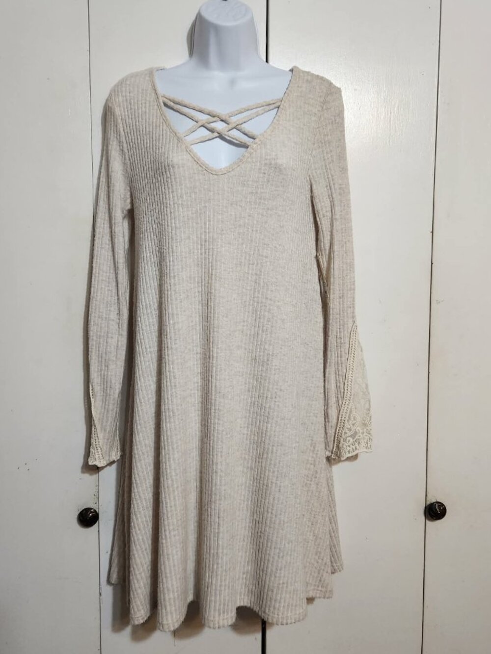Alya Ribbed Knit Dress S Criss Cross Neck Lace Sleeve Cottagecore Soft Boho NWT